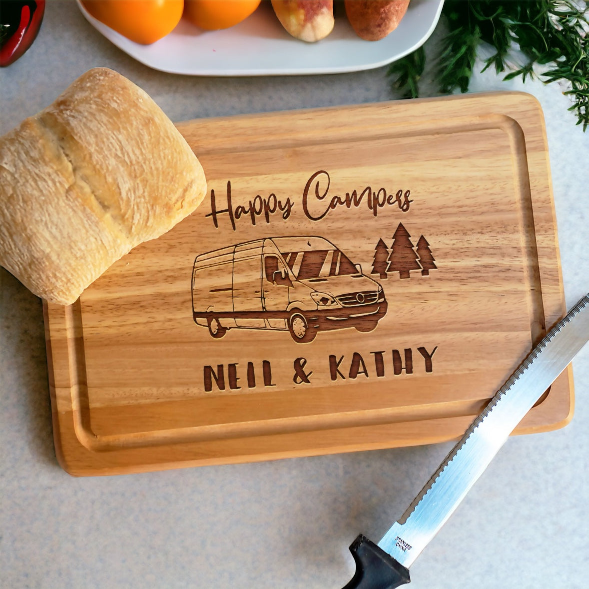 Personalised Happy Campers Campervan Rectangle Chopping Board Gift