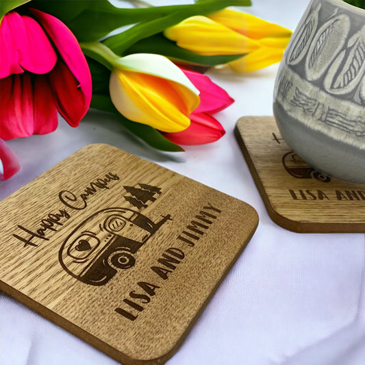 Personalised Names Set of 2 x Happy Caravan Campers Drinks Coasters, Wooden Engraved Coaster Gift
