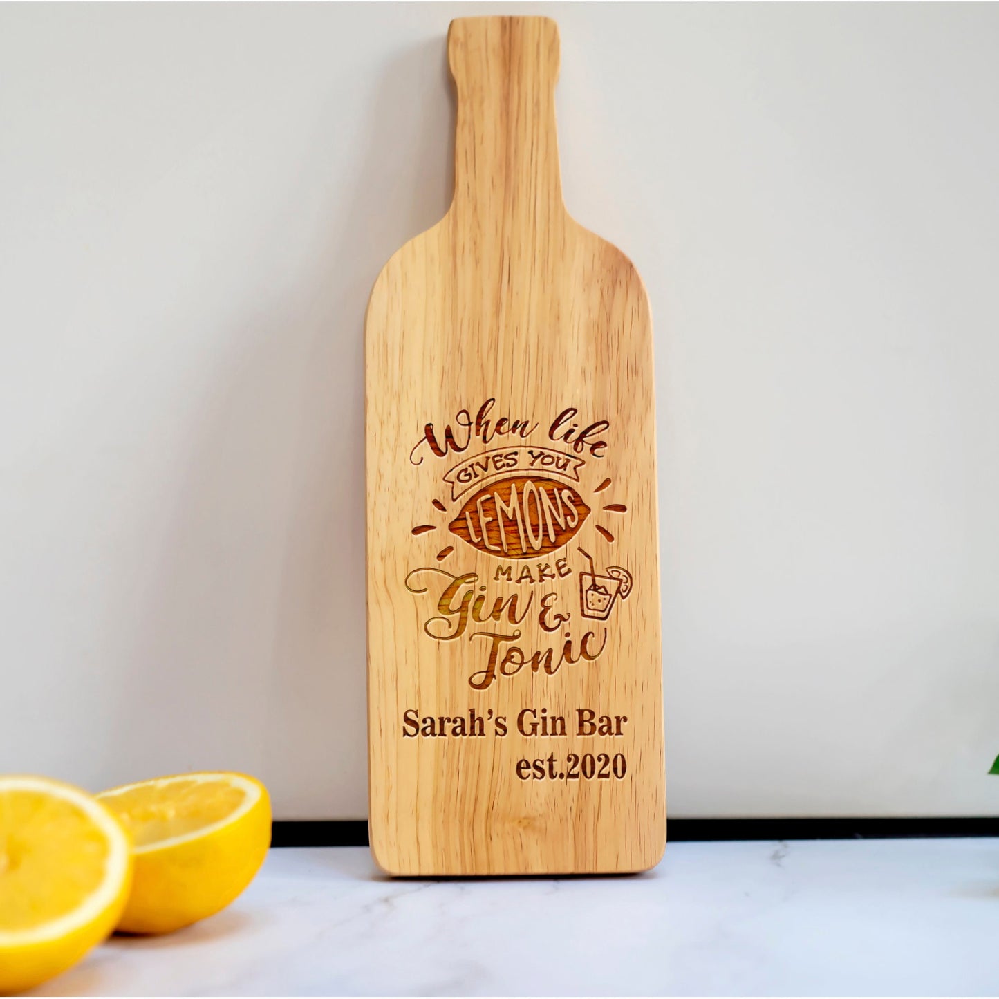 Personalised Name - Est Date , Life Gives you Lemons Make Gin & Tonic - Bottle Chopping Board Gift