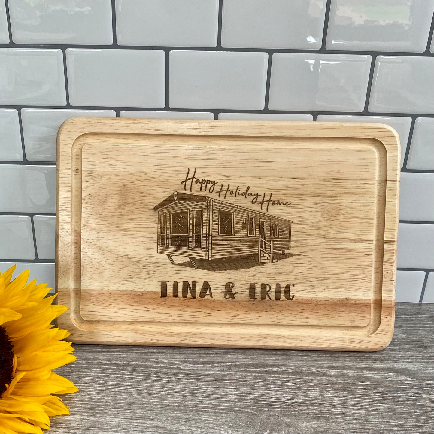 Personalised Happy Holiday Home Caravan Rectangle Chopping Board