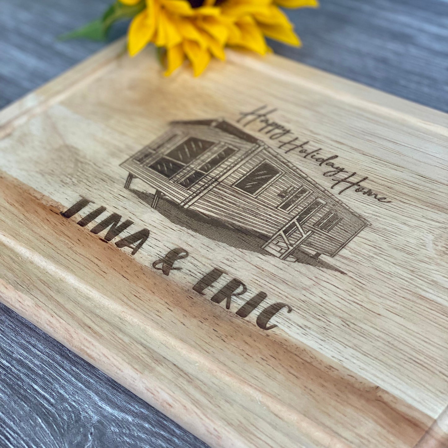 Personalised Happy Holiday Home Caravan Rectangle Chopping Board