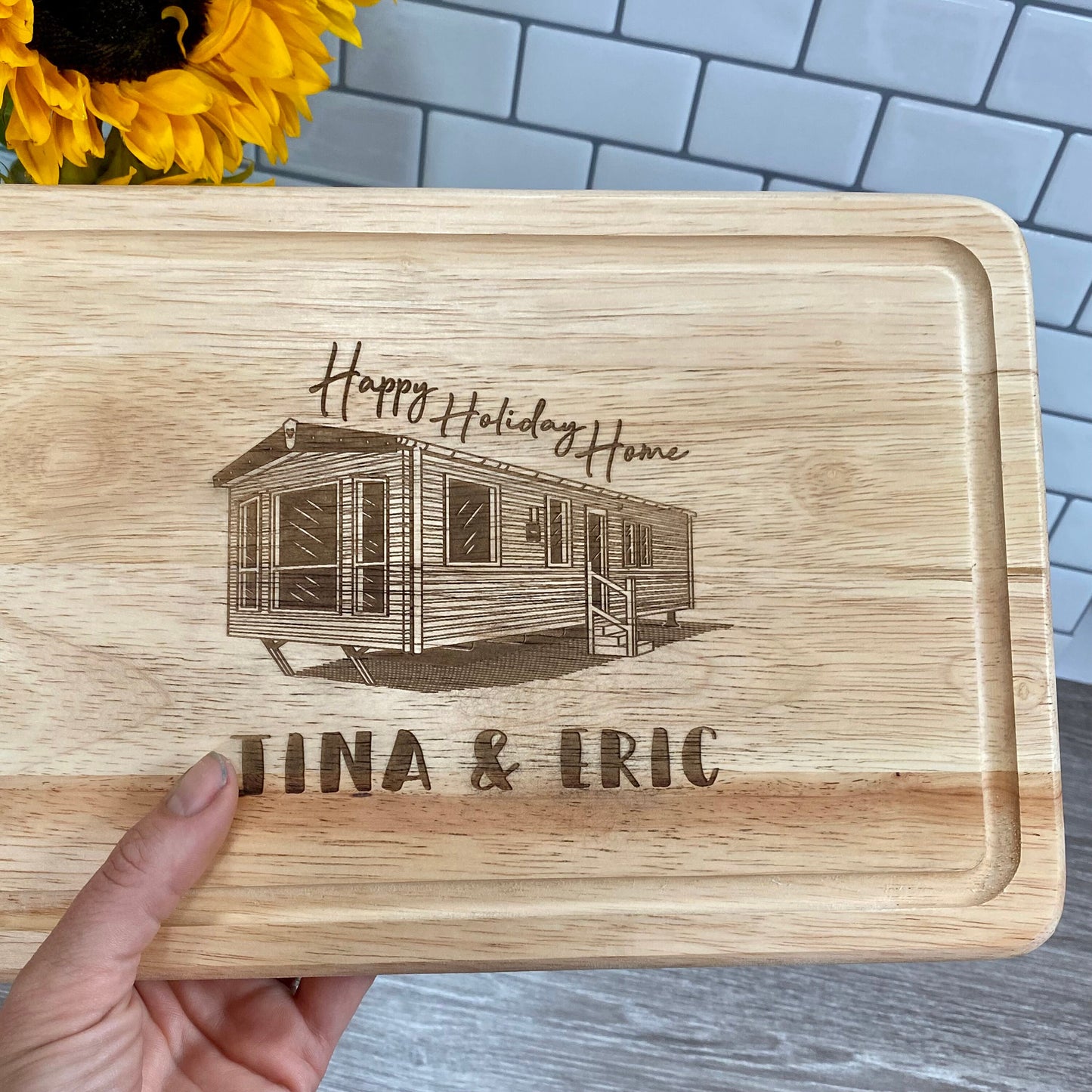 Personalised Happy Holiday Home Caravan Rectangle Chopping Board