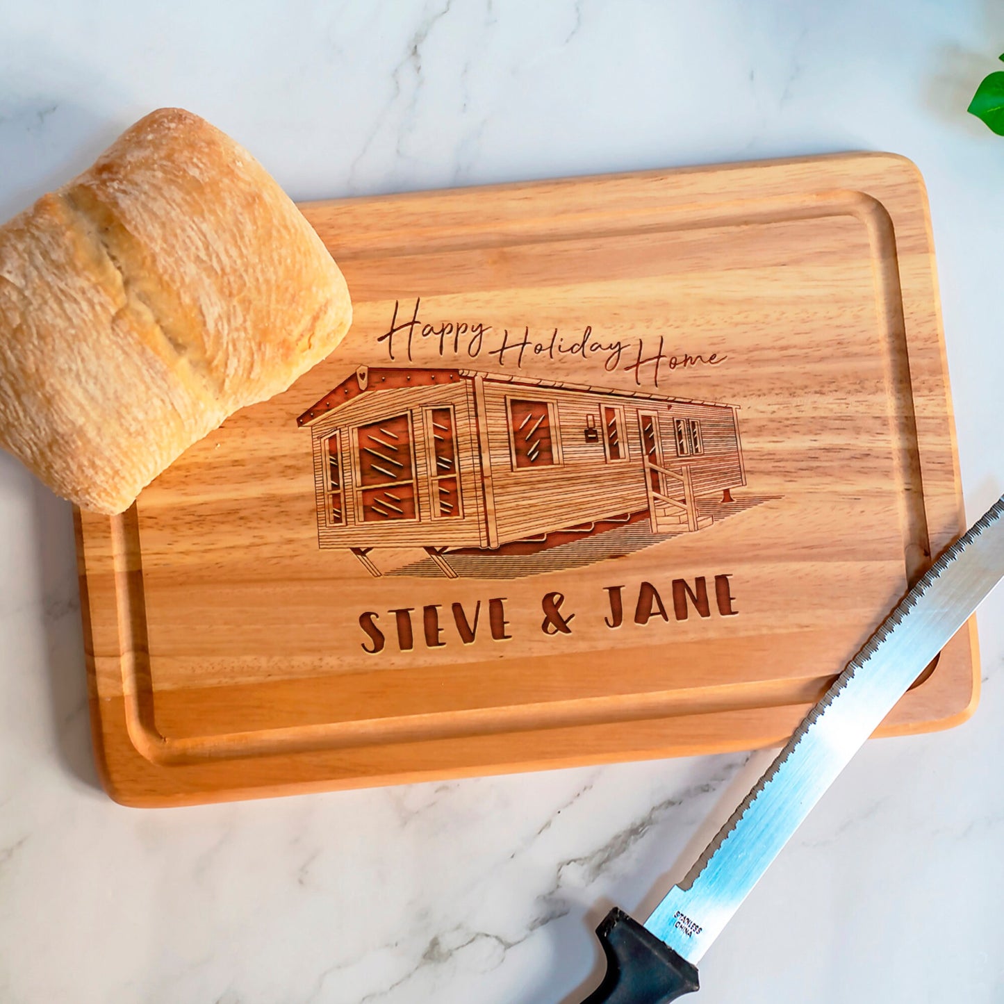 Personalised Happy Holiday Home Caravan Rectangle Chopping Board