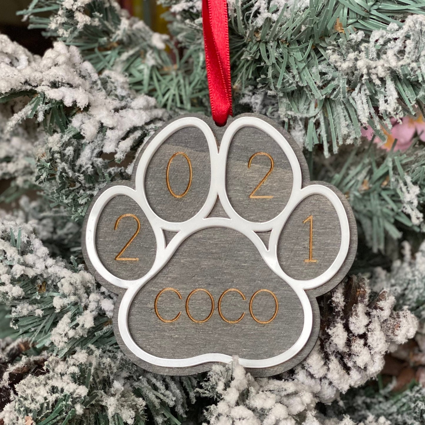 Dog Paw Print Christmas Decoration, Personalised Pet Decoration, Pet Lover Christmas Gift, Christmas Tree Decor, Wooden Tree Decoration