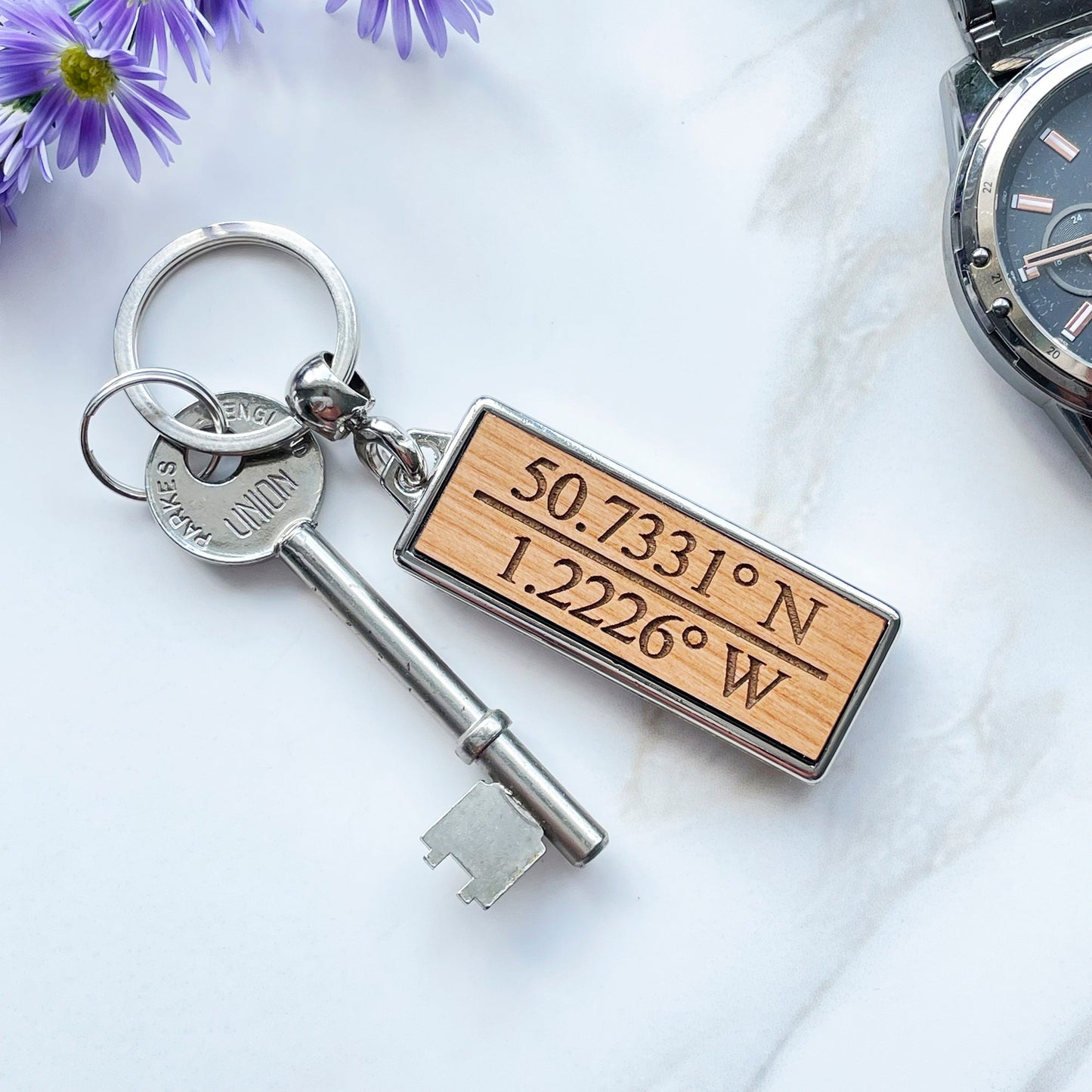 Personalised Coordinates Wooden Keyring