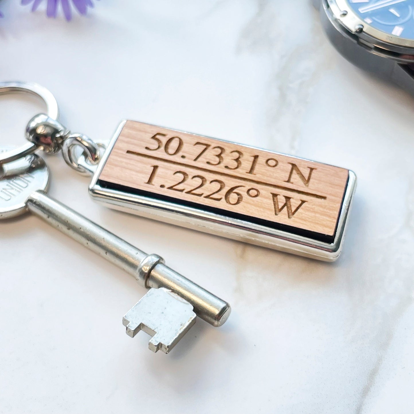 Personalised Coordinates Wooden Keyring