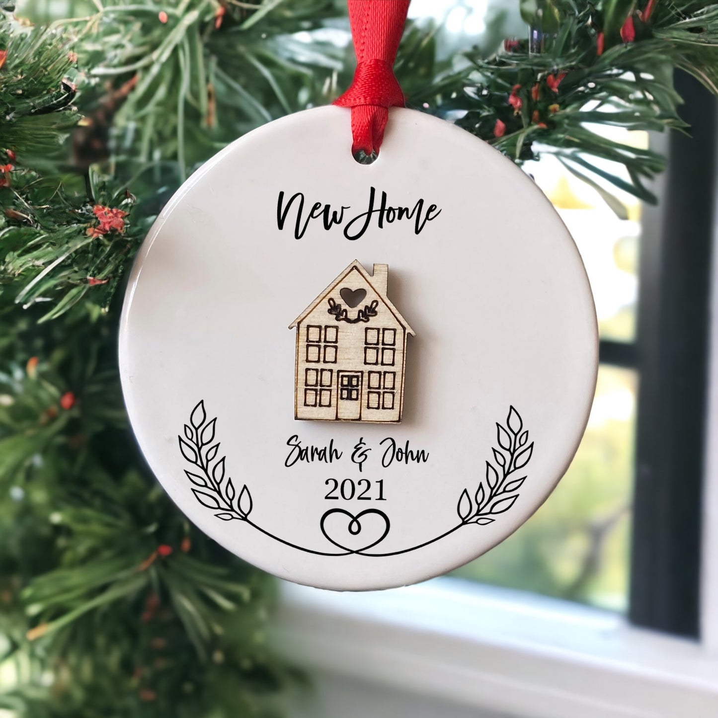 Personalised Ceramic New Home Round Decoration Ornament, Wooden house Christmas Decoration, New Home Gift