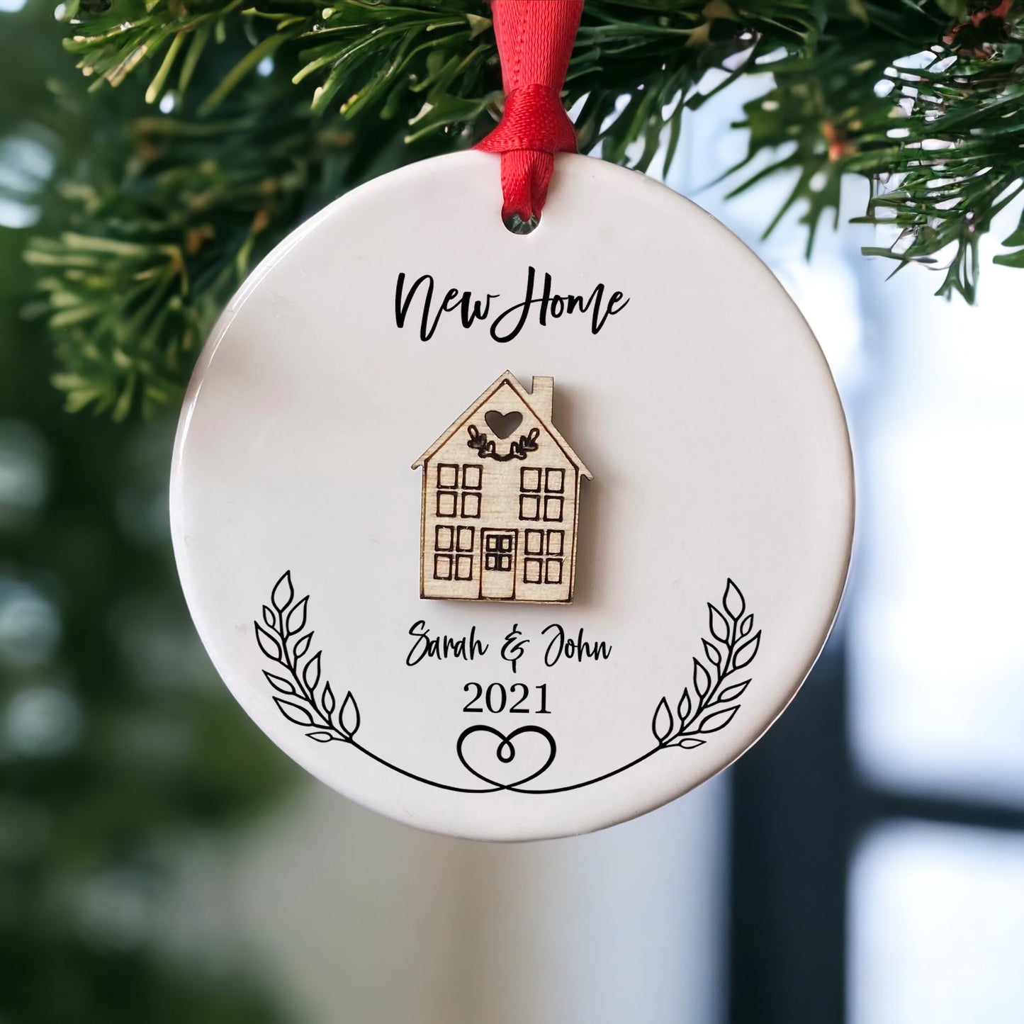 Personalised Ceramic New Home Round Decoration Ornament, Wooden house Christmas Decoration, New Home Gift