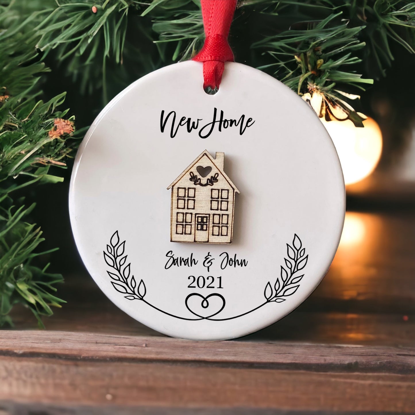 Personalised Ceramic New Home Round Decoration Ornament, Wooden house Christmas Decoration, New Home Gift