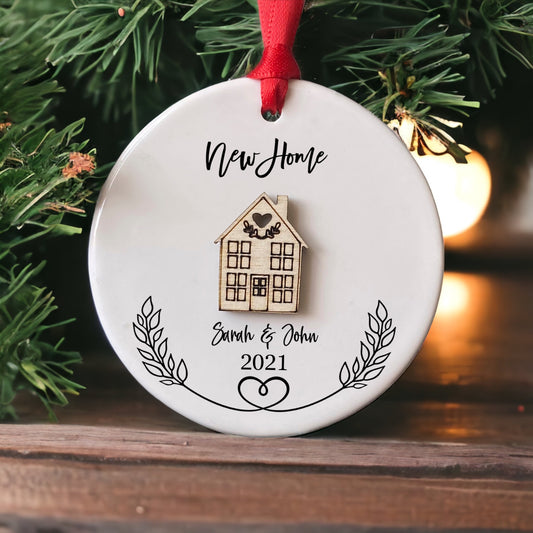 Personalised Ceramic New Home Round Decoration Ornament, Wooden house Christmas Decoration, New Home Gift