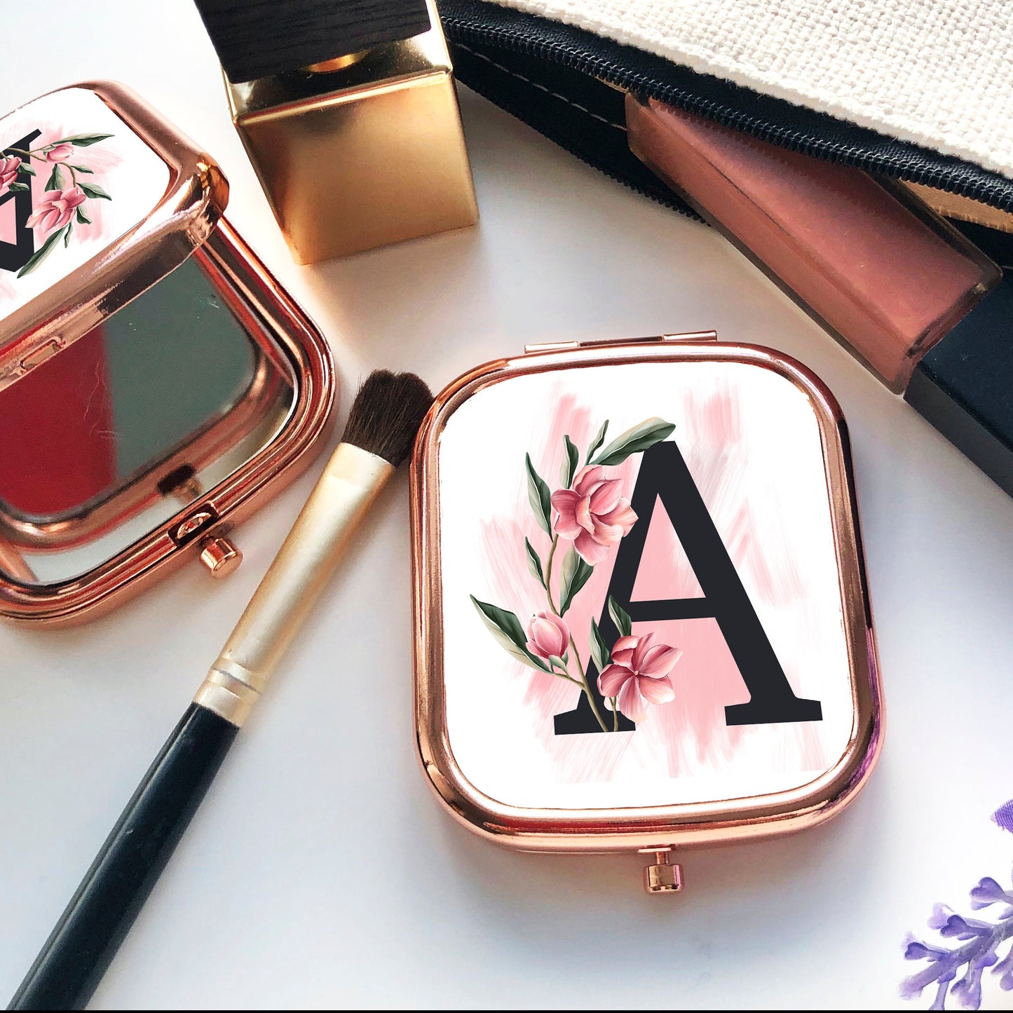 Letter Initial Compact Mirror, Floral Initial, Gift for Bridal Party, Mothers Day Gift