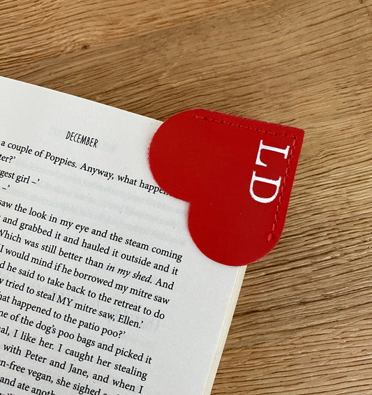 Personalised Bookmark, Heart Initials Embossed Bookmark Genuine Soft Leather Corner Bookmark, 3rd Leather Anniversary Gift