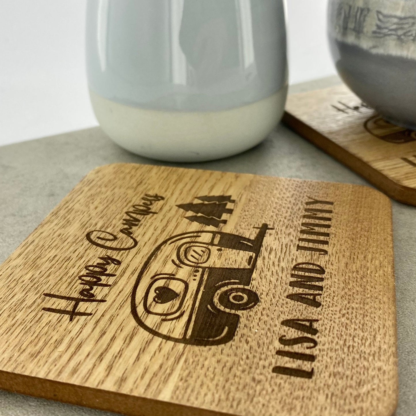 Personalised Names Set of 2 x Happy Caravan Campers Drinks Coasters, Wooden Engraved Coaster Gift
