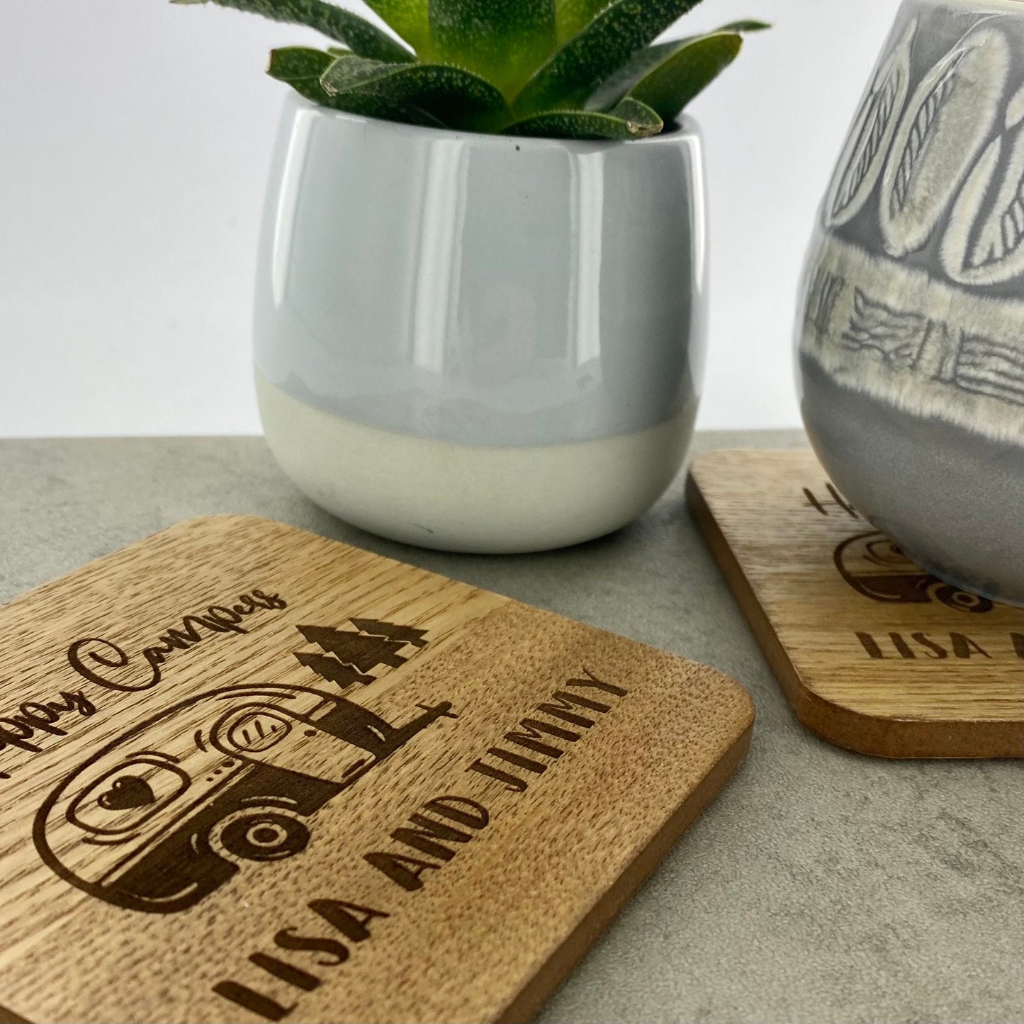 Personalised Names Set of 2 x Happy Caravan Campers Drinks Coasters, Wooden Engraved Coaster Gift