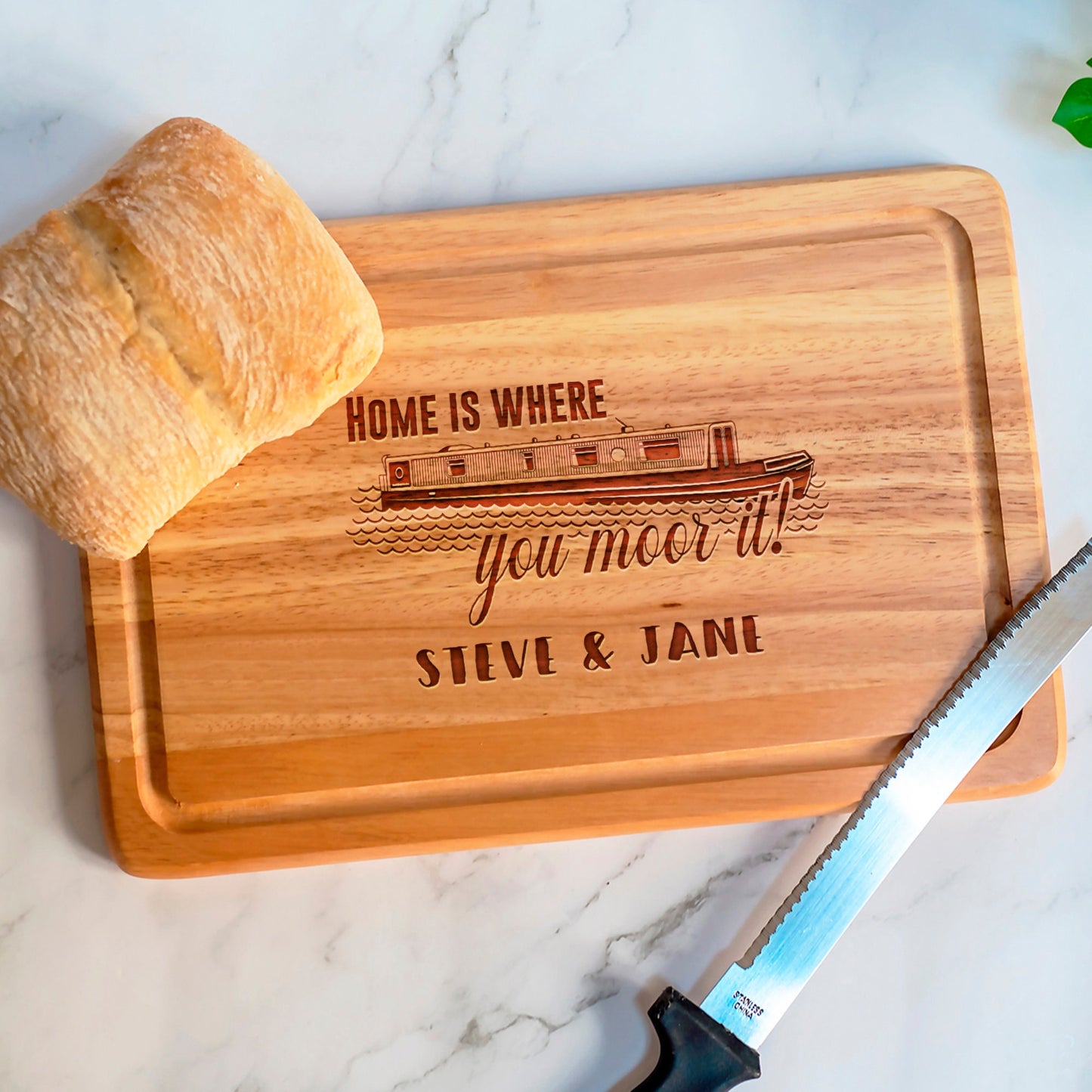 Personalised Home Is Where You Moor It , Rectangle  Chopping Board , Narrowboat , Birthday - Thank You Gift