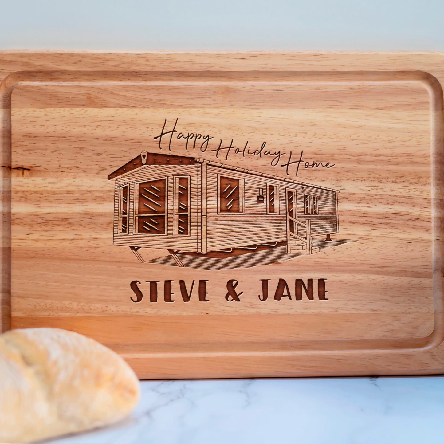Personalised Happy Holiday Home Caravan Rectangle Chopping Board
