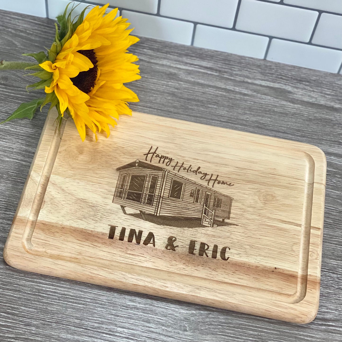 Personalised Happy Holiday Home Caravan Rectangle Chopping Board