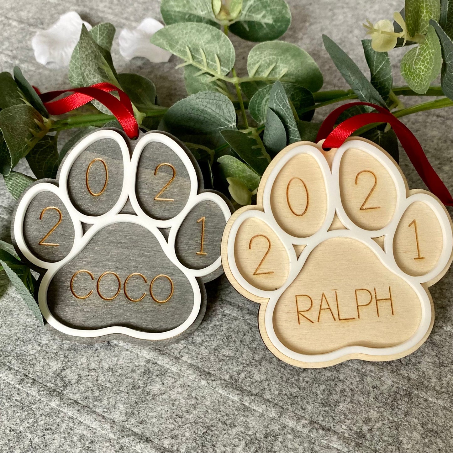 Dog Paw Print Christmas Decoration, Personalised Pet Decoration, Pet Lover Christmas Gift, Christmas Tree Decor, Wooden Tree Decoration