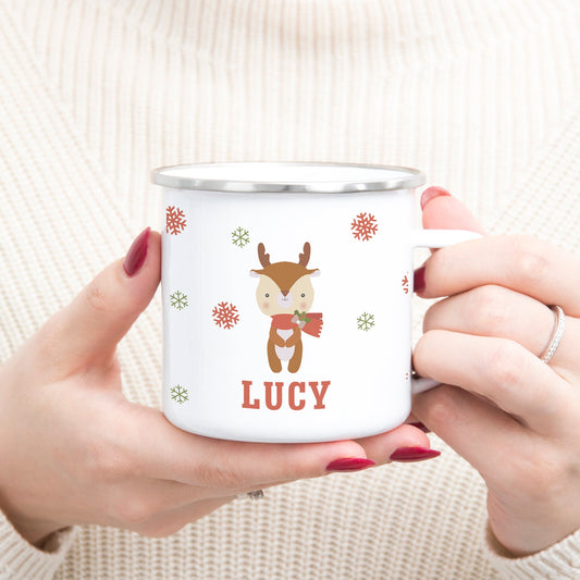 Personalised Hot Chocolate Tin Mug, Reindeer, Children's Tin Mug, Children's Christmas Mug