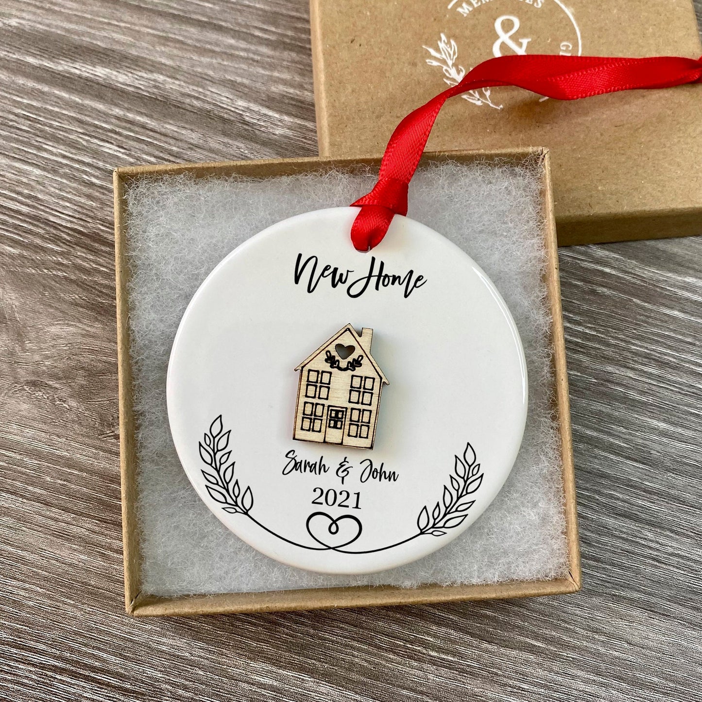 Personalised Ceramic New Home Round Decoration Ornament, Wooden house Christmas Decoration, New Home Gift