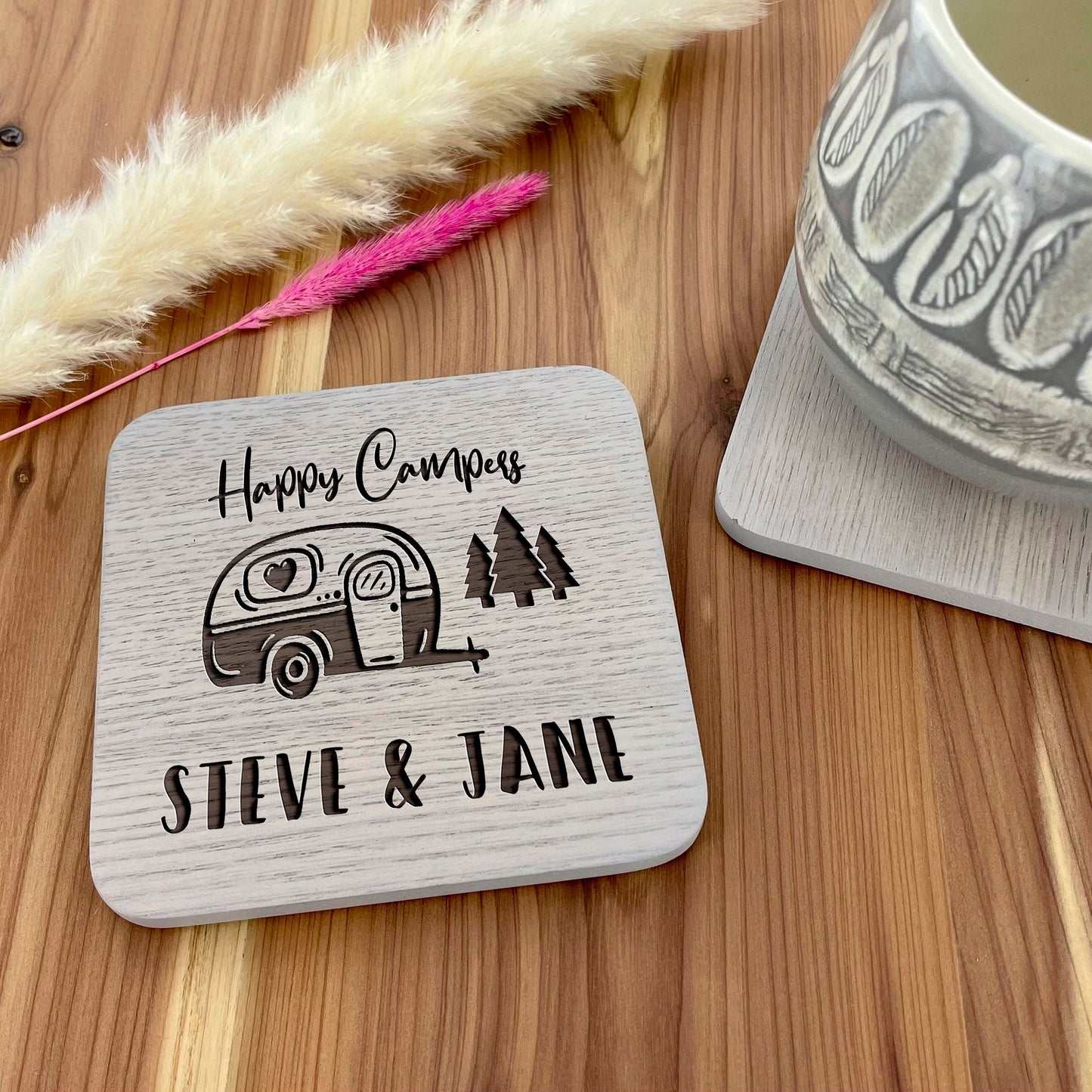 Personalised Names Set of 2 x Happy Caravan Campers Drinks Coasters, Wooden Engraved Coaster Gift