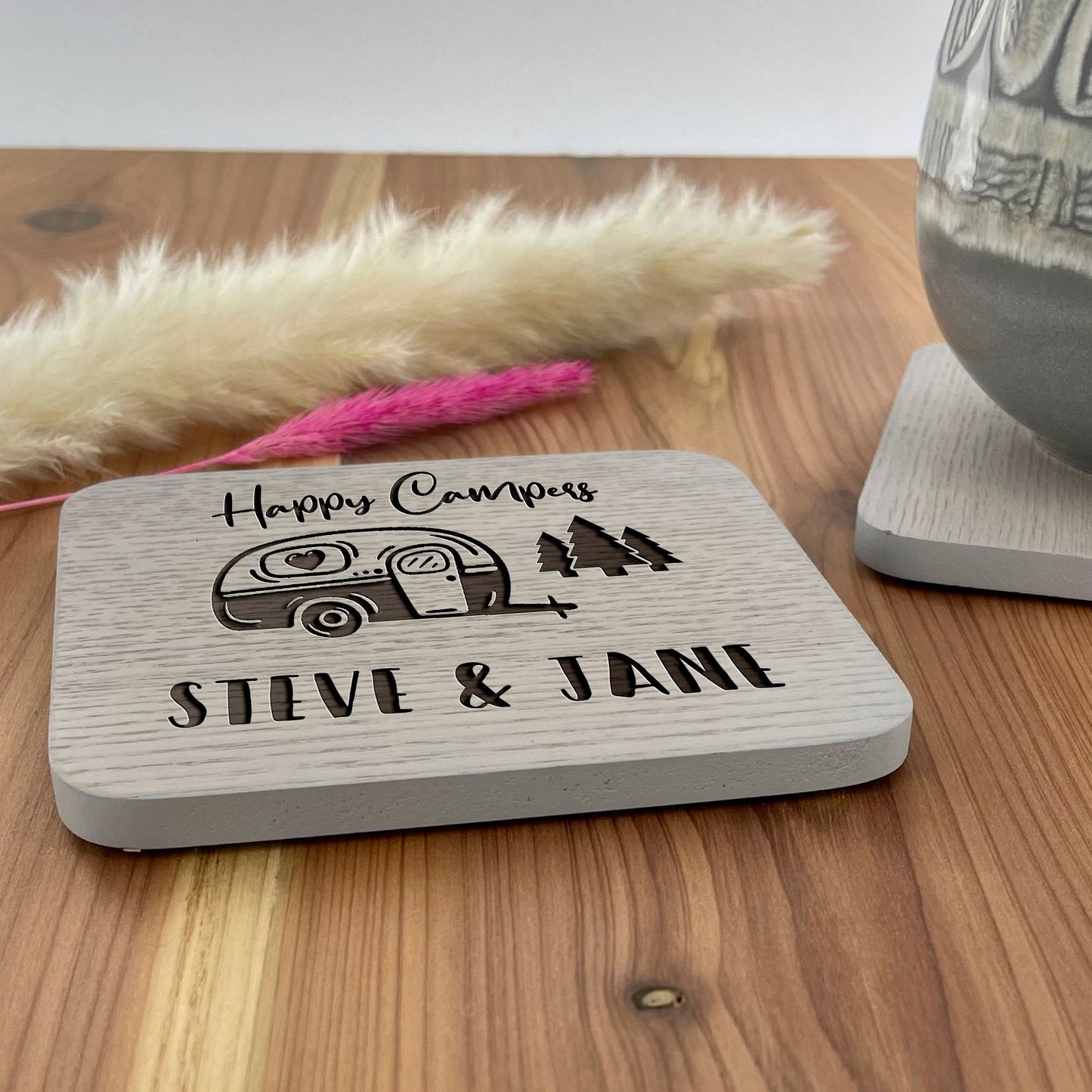 Personalised Names Set of 2 x Happy Caravan Campers Drinks Coasters, Wooden Engraved Coaster Gift
