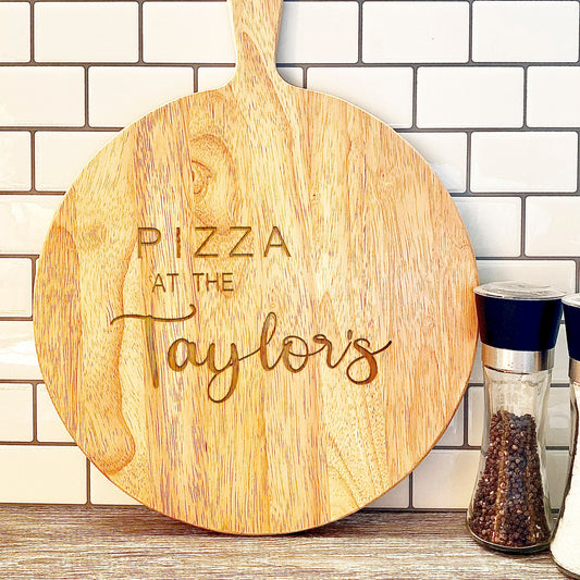 Personalised Pizza at the Name Wood Pizza board tray, Round Paddle Board, Pizza Chopping Board