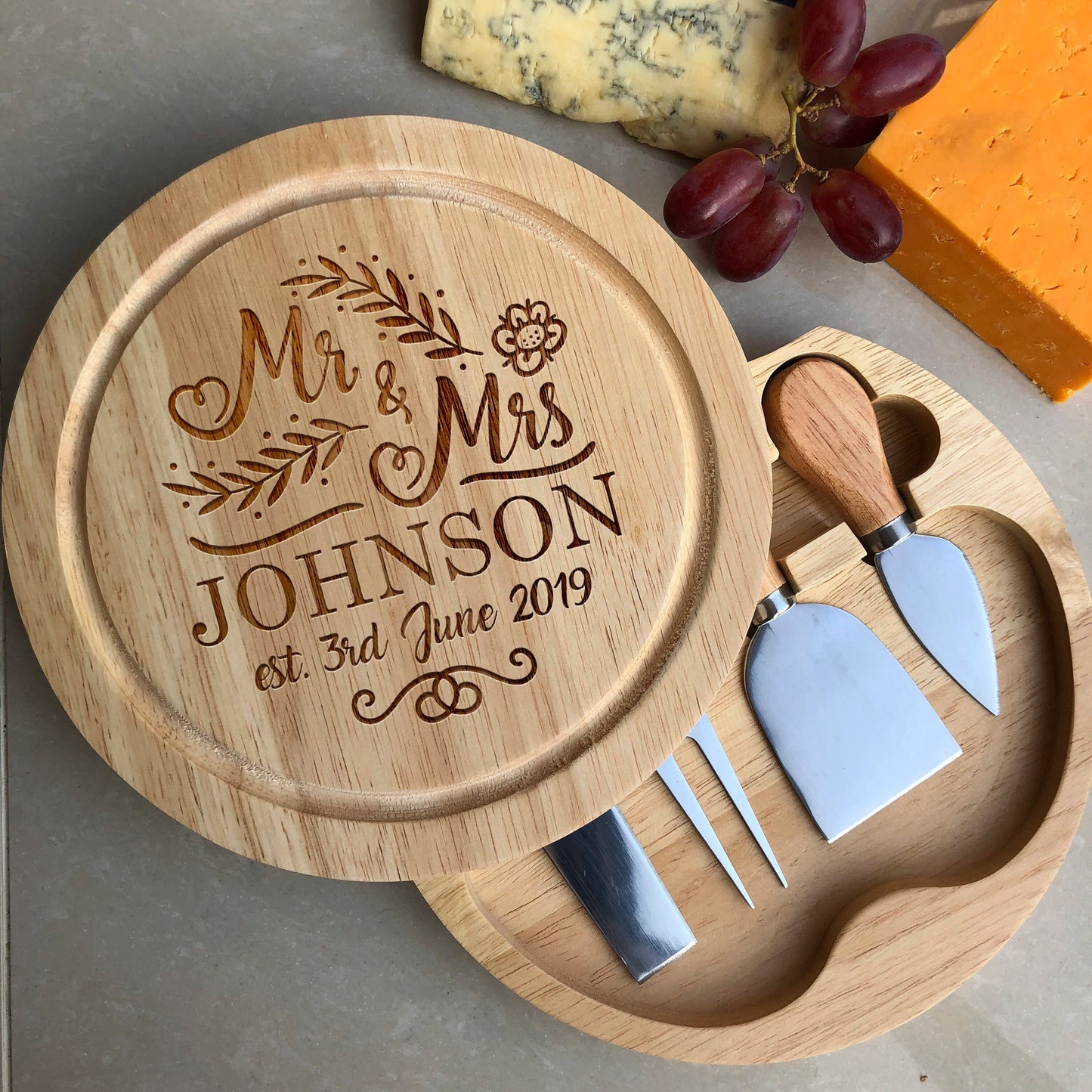 Personalised Cheese Board, Mr and Mrs Wedding Round Cheese Board, Anniversary Gift