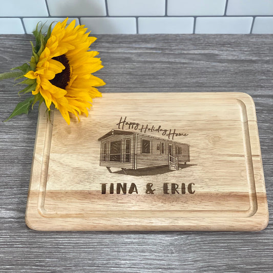 Personalised Happy Holiday Home Caravan Rectangle Chopping Board