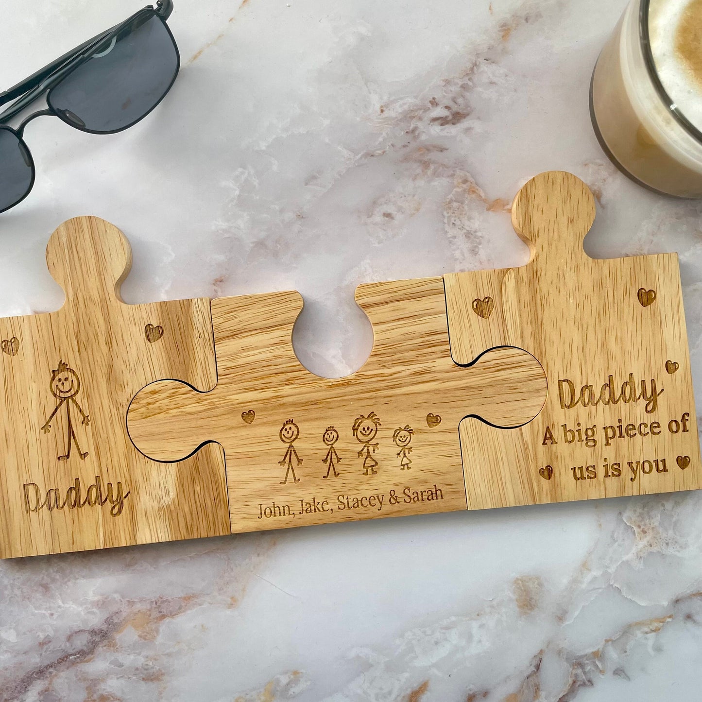 Personalised Daddy Wooden Set of 3 Jigsaw Coaster Piece Set