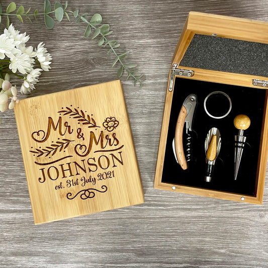 Personalised Wedding Couples Wine Accessories Gift Set Box, Anniversary, Wedding Gift