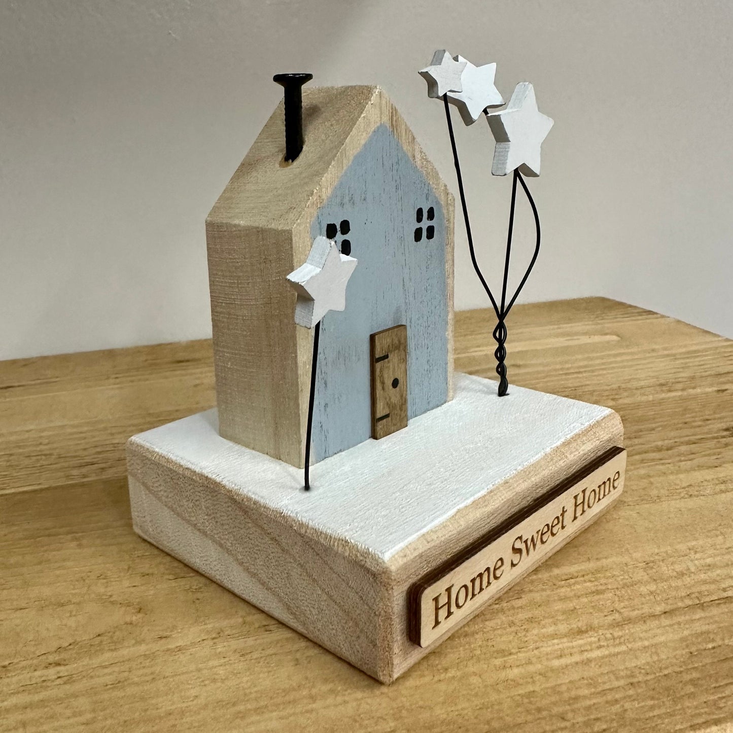 Personalised Miniature Wooden House Freestanding Decoration With Stars